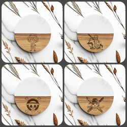 luffy one piece set 4 engraved coasters high quality marble and acacia wood Christmas gift