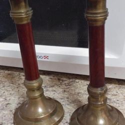 Juego Candelabro Bronce Madera Antiguo