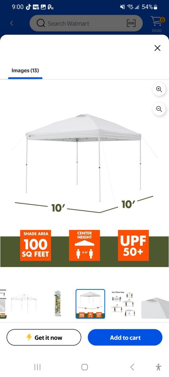 Ozark Trail 10x10 Instant Pop Up Canopy Tent with Simple Push Setup – Straight Leg Pop-Up Tent for Tailgating, Camping & Events, White