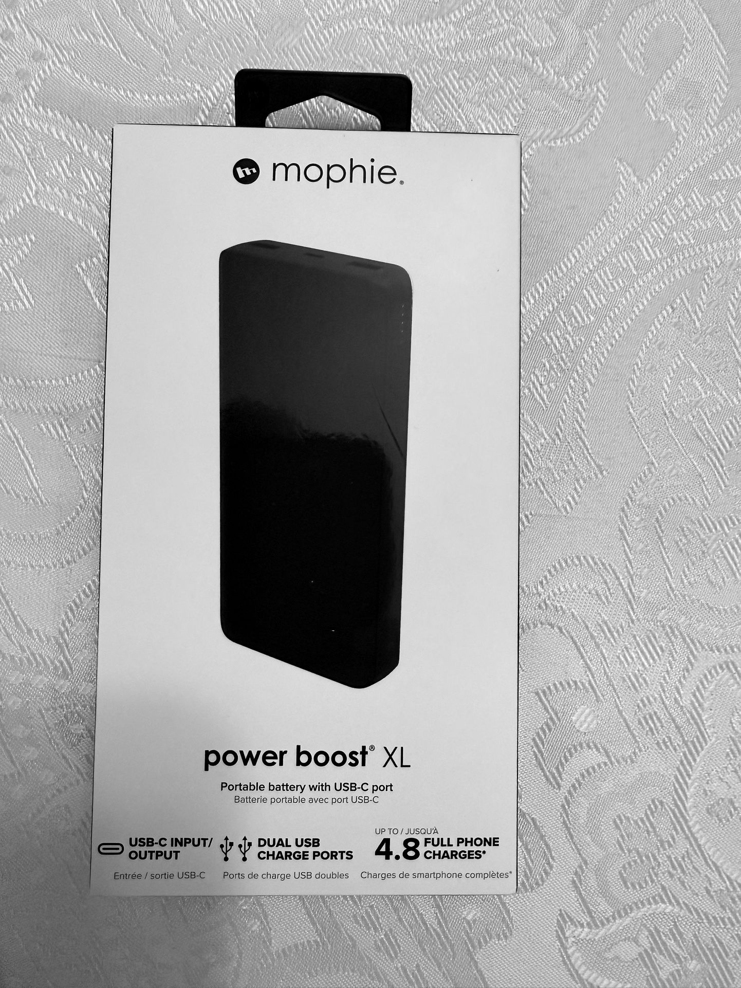 Mophie Power Boost XL. Portable battery with USB-C input/output port, Dual USB-A ports, LED power indicator. New. Still sealed in original packaging.