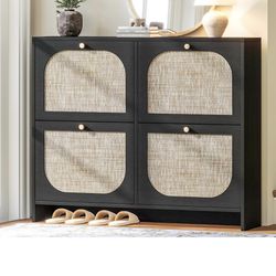 New in a sealed box Rattan Shoe Cabinet W 48”xH 36”xD 10” with 4 Flip Drawers, Modern 40 Pair Shoe Storage Cabinet for Entryway with Golden Handles