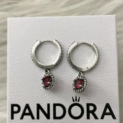 Pandora Authentic Brand New Sterling Silver Sparkling Round Red Stone Dangling Earrings 