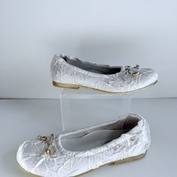 Cherie Toddler Girls Elegant White Crinkle Satin Ballet Flats Made Italy (US 12)
