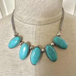 Turquoise/silver Tone Statement Necklace 