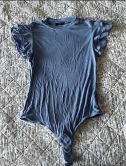 Blue Ribbed Flutter Sleeve Top