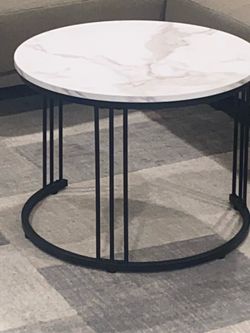 Round Coffee/Side Table with the White Faux Marble Laminated Top and Matte Black Base 24” in Diameter H18”