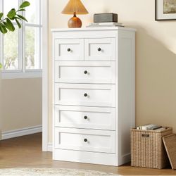 White 6-Drawer Tall Dresser - Modern 43" Wood Chest of Drawers for Bedroom
