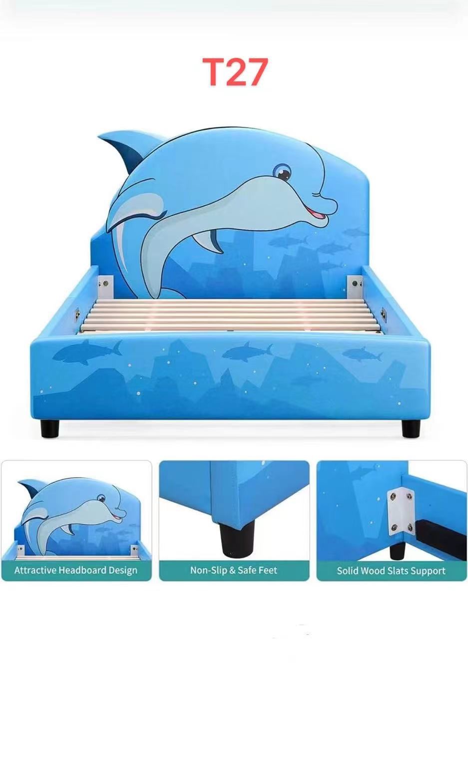 1T27 Children Toddler Bed - Twin Size Faux Leather Upholstered Platform Bed Frame with Curved Headboard / Blue Dophin Kids Bed for Boys & Girls, Teen