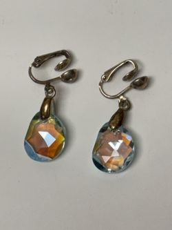 Vintage 1950s Aurora Borealis Light Blue Crystal Faceted Dangle Clip-On Earrings