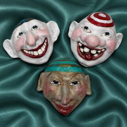 SET 3 Signed Masks FRIEDERICY Fine Original Studio Art Theater Carnival Circus Hand Painted Paper-Clay Pasadena CA Lucia Judith John HILLCREST