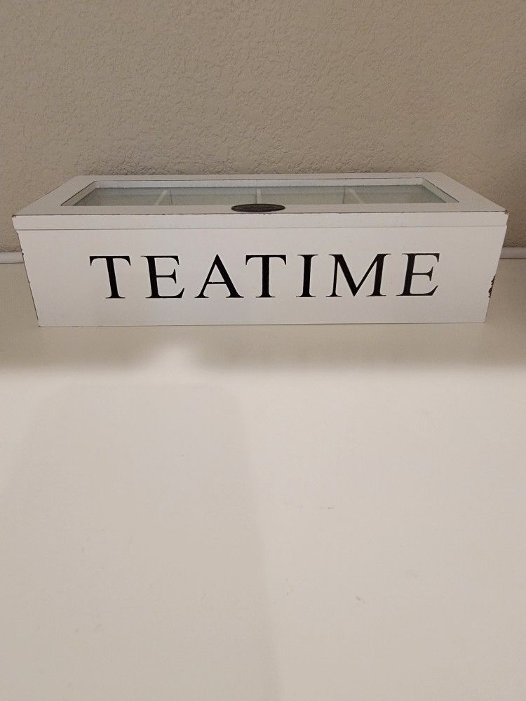 White “TEATIME” Wooden Storage Box – 4 Compartments