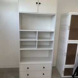 White Storage Cabinet / Bookshelf with Drawers – 31.5” x 15” x 79” H