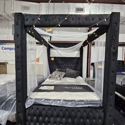Black Queen CANOPY bed With Speakers 