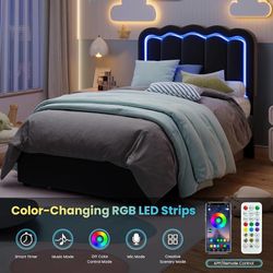 Twin Size Bed Frame with LED Lights and Storage Drawer, Black