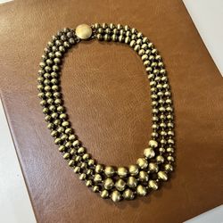 Vintage Triple Strand Antique Brass Ball Beads Graduated Statement Necklace
