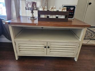 Two Tone Natural And Distressed Antique White  TV Consule