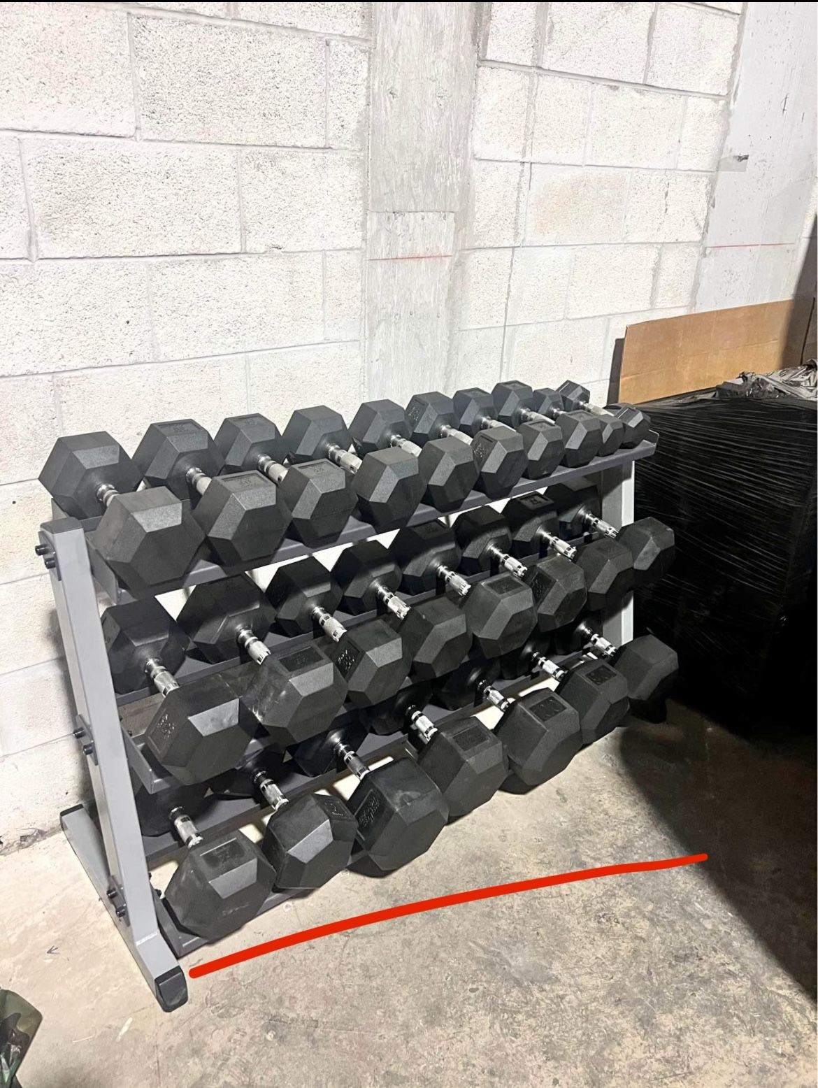 Rubber hex dumbbells 10lb-100lb with rack