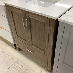 30” vanity, walnut, solid wood, quartz countertop, Available for pick up 