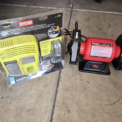 RYOBI  P126  Intelliport battery charger set. New. And 6" bench grinder