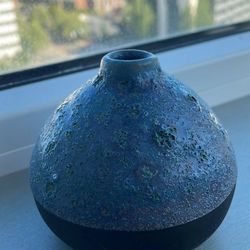 Mid-Century Modern Black & Blue American Raku Vase, Vessel Studio Art Pottery 80