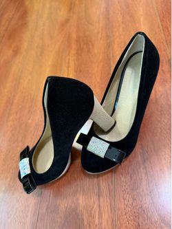 Black Suede Crystal Bow Block Heel Pumps