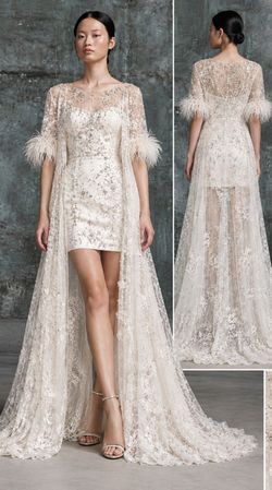 Ashley Lauren Ivory Sequin Beaded Mini Dress Feather Cuff Lace Duster Gown Set S