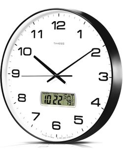 TIMESS 14” Silent Wall Clock Non Ticking Analog LCD Calendar Temperature Black