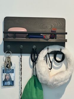 Key Holder and Mail Shelf Wall Mounted, Decorative Wall Mail Organizer with Shelf, Wood Hanging Mail