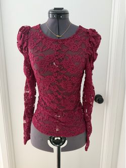Burgundy Sheer Floral Lace Puff-Sleeve Top