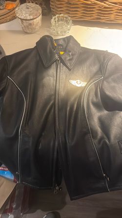 Black Leather Motorcycle Jacket with Wing Emblem