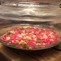 Small fishbowl with pebbles, for a beloved fish.