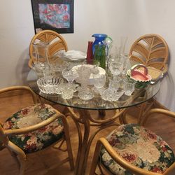 Vintage Split Reed Bamboo Boho Style Dining Table Set