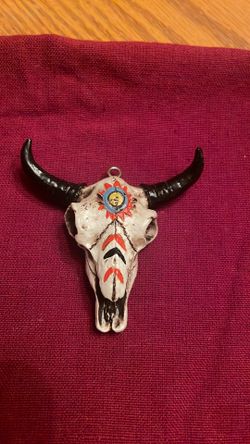 Miniature Resin Replica of a Southwestern Painted Bull Skull - Pendant 3”x3”