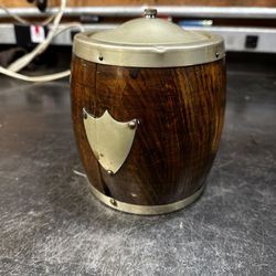 Antique English Oak Biscuit Barrel Tobacco Jar Oak Porcelain Lined Shield