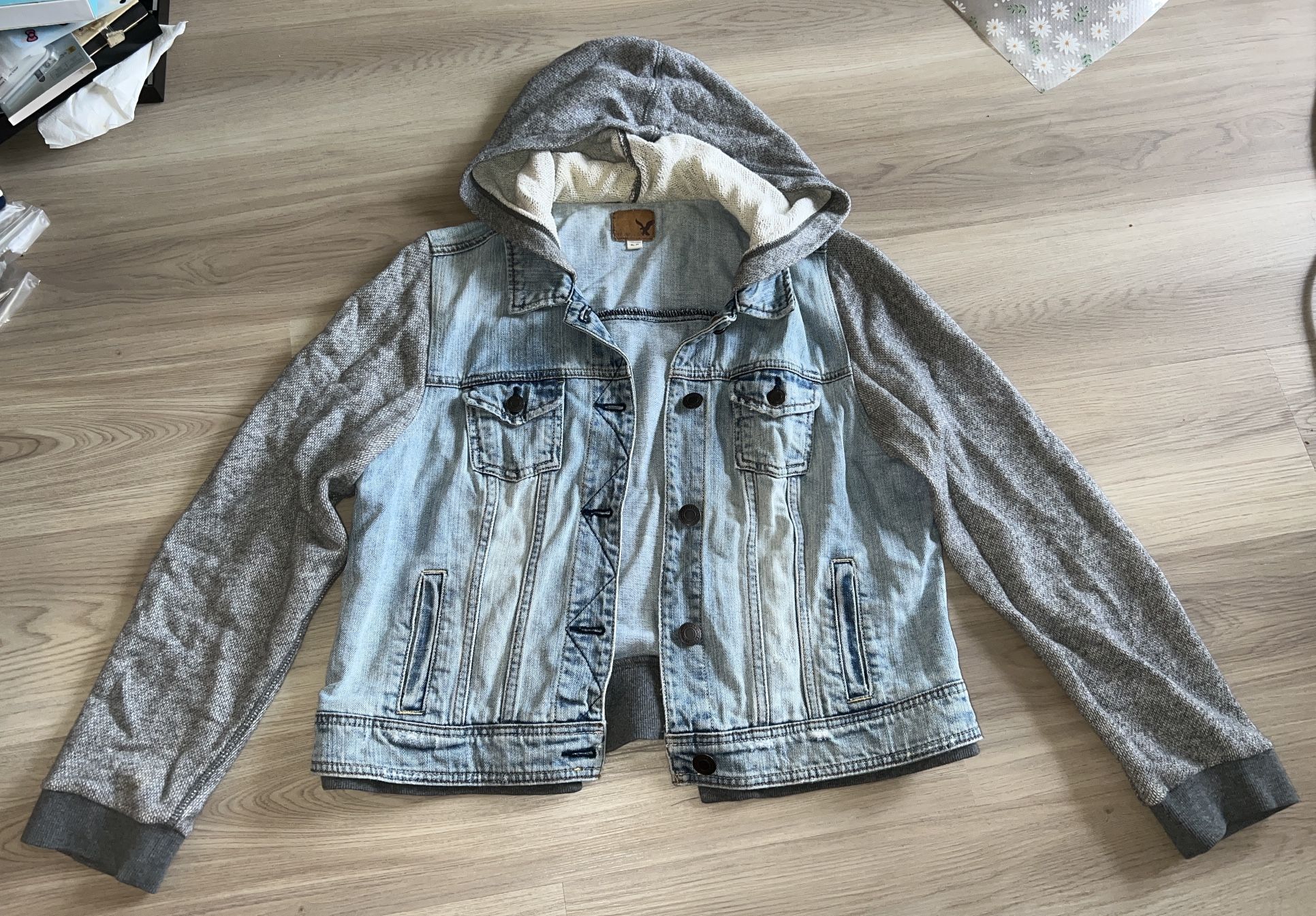 American Eagle women's light wash hooded sweater denim jean jacket.