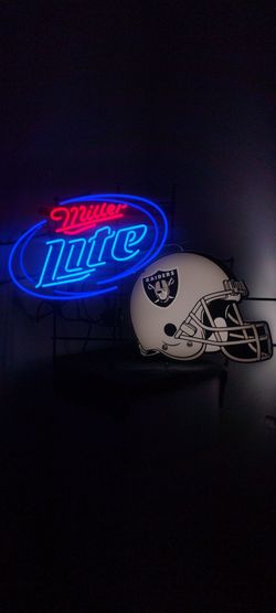 MILLER LITE RAIDERS   NEON SIGN . DODGERS & ANGELS BOBBLEHEADS AVAILABLE.( ALSO PLENTY OF NEON SIGNS / LIGHTS AVAILABLE FOR SALE ) TAP HANDLES
