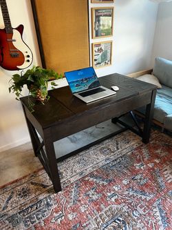 Dark Wood Lift-Top Desk with Storage