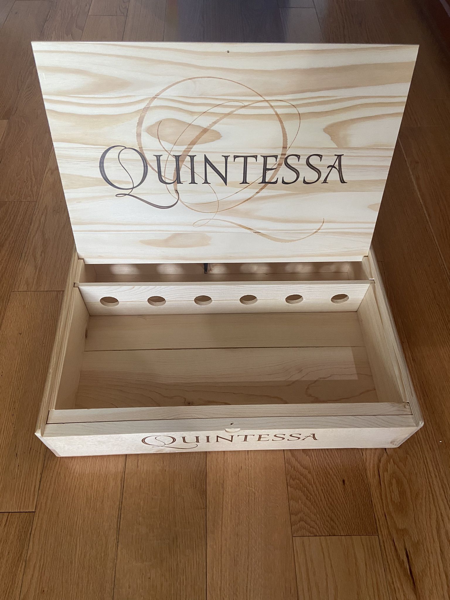 Quintessa Wood Wine Display Box with removable wine bottle holder inserts