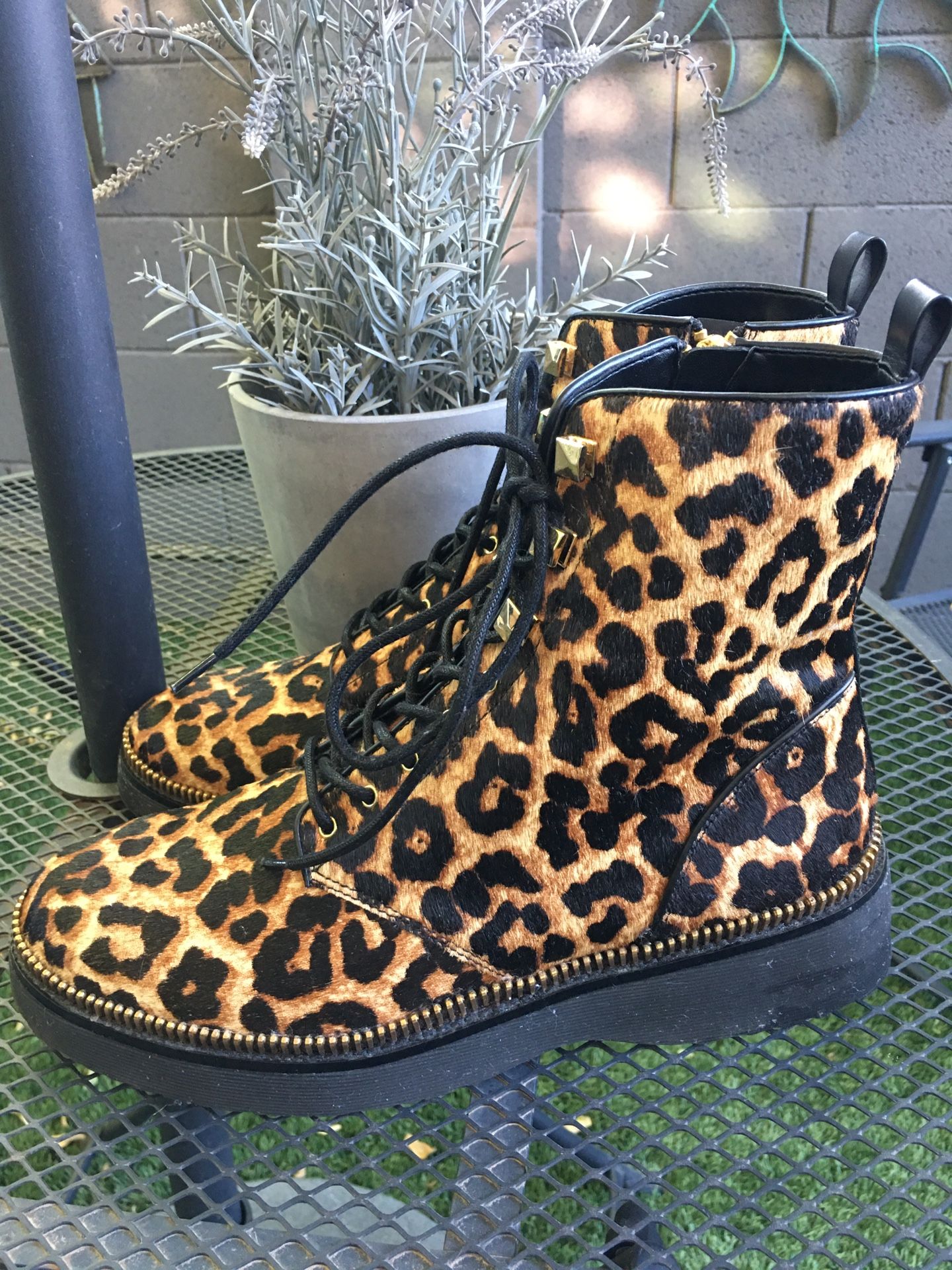 Michael Kors Leopard Print Calf Hair Combat Booties, Size 11