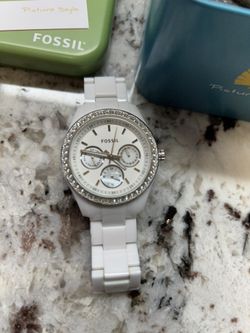 Women’s Fossil Watch White Band Rhinestone Face