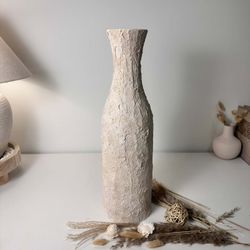 Minimalist Art Piece Floor Vase 19.5" tall Textured Hand-painted Metal/Ceramic  - Off White