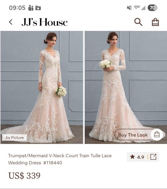 JJ House Trumpet/Mermaid V-Neck Court Train Tulle Lace Wedding Dress size 12 Ivory/nude