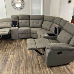 Brand New Grey Fabric Sectional Recliner Sofa W/ Cup Holders | Cash On Delivery 🚚