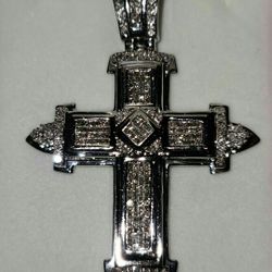 Exquisite 14K White Gold Princess  Cut Diamond Cross.