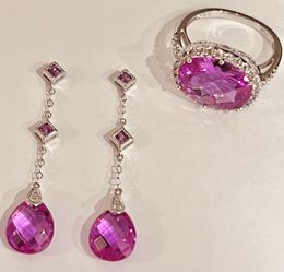 ✨NEW 6CTPink Sapphire Ring & Earrings Set‼️REDUCED $599 FIRM‼️Cushion Cut Diamonds 10K Gold