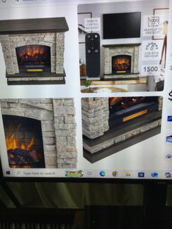 ALLEN  + ROTH 53.5-IN W STACKED FAUX SANDSTONE WITH COOFEE OAK FREE STANDING QUARTZ FLAT WALL ELECTRIC FIRE PLACE WITH REMOTE CONTROL