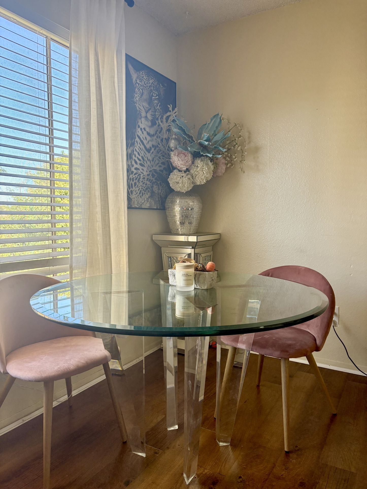 Modern Glass Dining Set – Acrylic Legs + Velvet Chairs