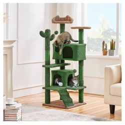 Cactus Cat Tree for Indoor Cats, Green Multi-Level Tower