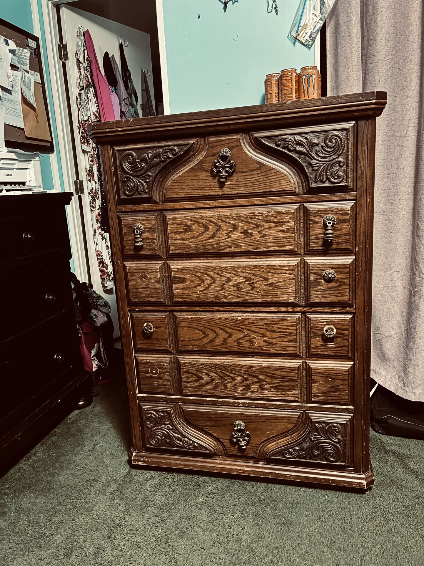 $$$175 (firm price)-one Beautiful tall vintage dresser  Not positive of which wood material its made (whether it's real wood or pressed wood? not sure
