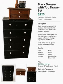 Black 5-Drawer Dresser + Matching 2-Drawer Top Chest